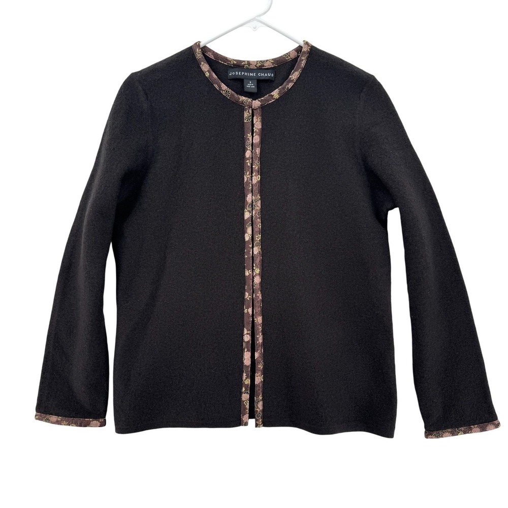 Josephine Chaus Sweater Jacket‎ Womens Small Wool Knit Smart Floral Trim NWT